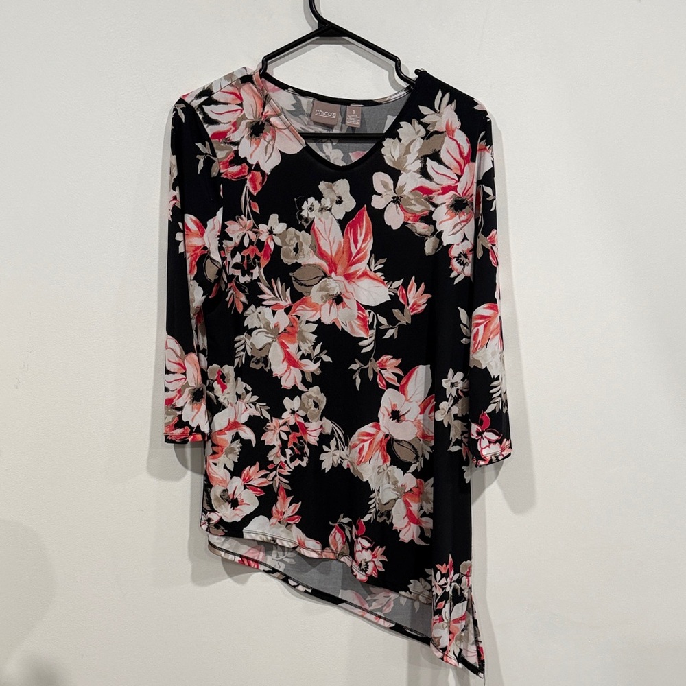 Chico's Black Floral Asymmetrical Blouse